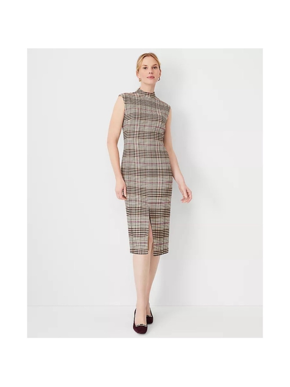 Ann Taylor Sleeveless Plaid Midi Sheath Dress in Taupe and Brown